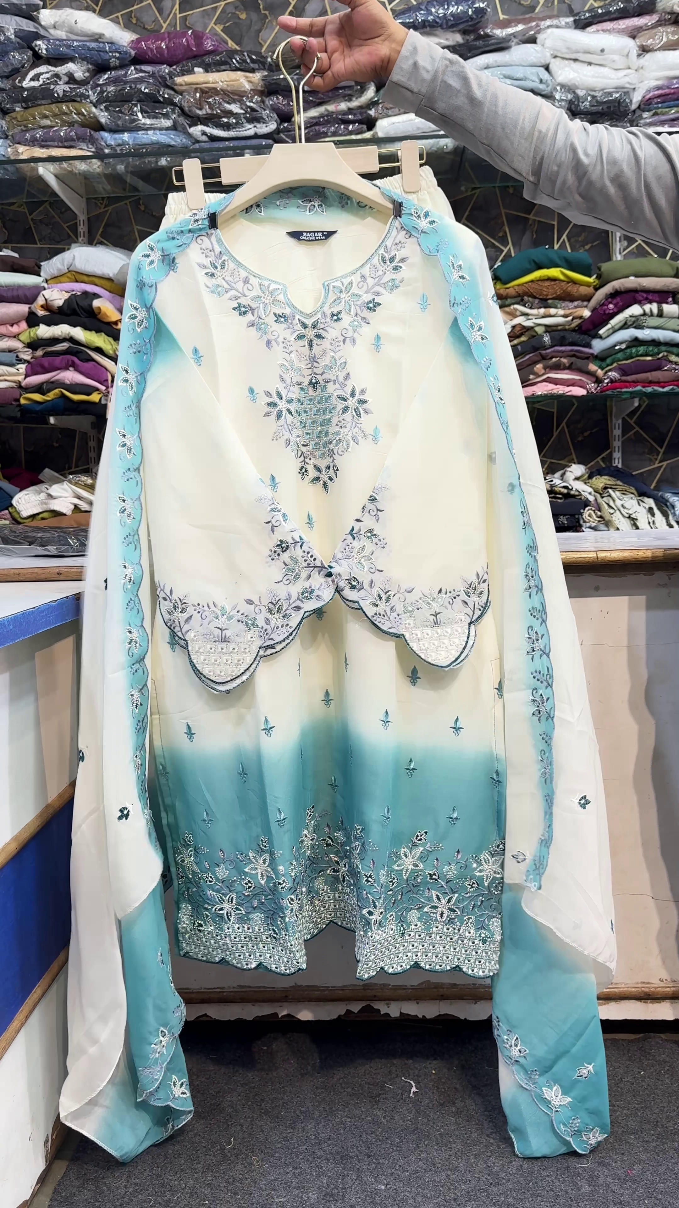 Elegant Mint & Ivory Embroidered 3-Piece Festive Suit with Sheer Dupatta