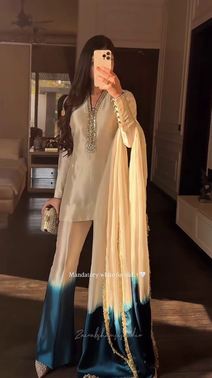Ivory & Teal Ombre Luxury Eid Suit with Embellished Dupatta