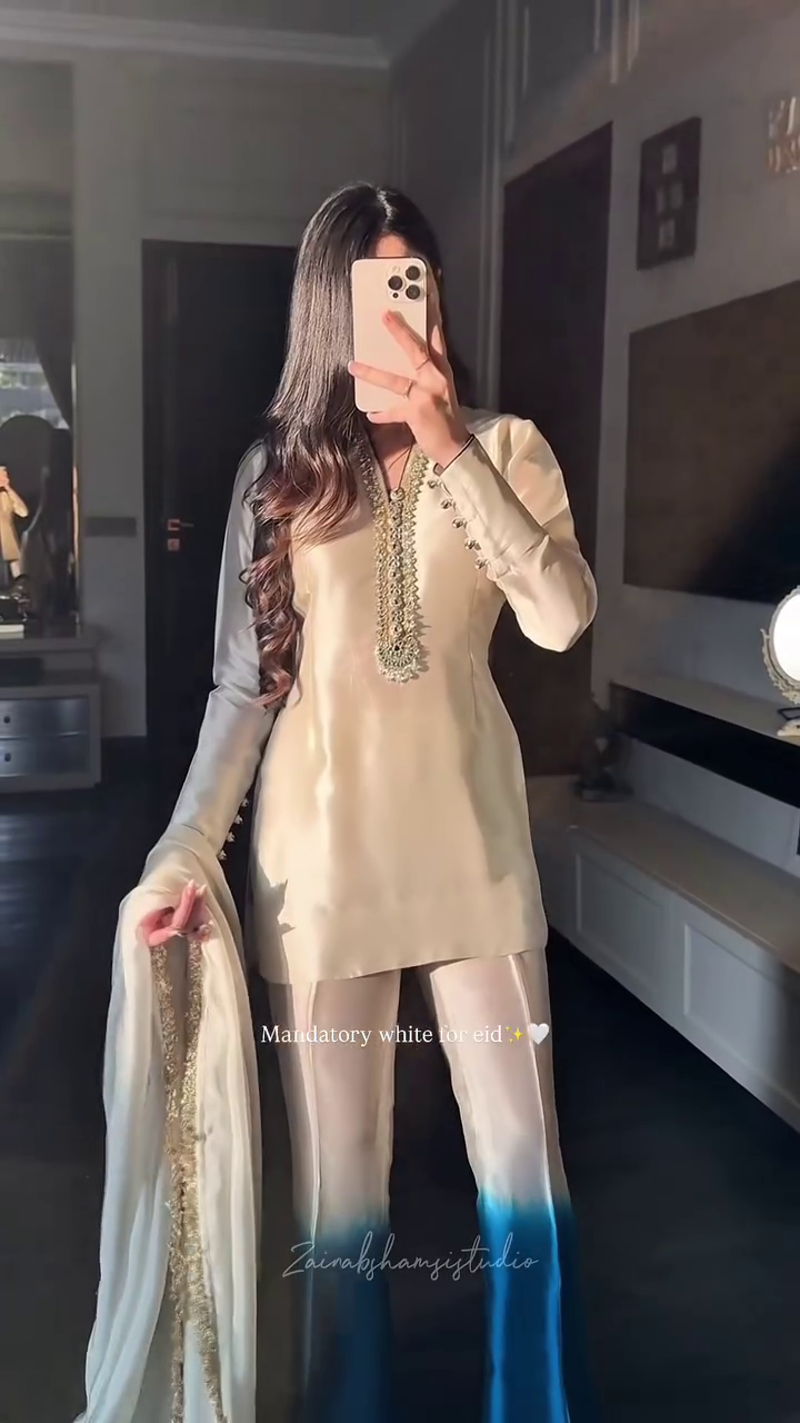Ivory & Teal Ombre Luxury Eid Suit with Embellished Dupatta