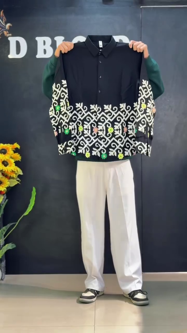 Midnight Black Embroidered Statement Shirt with Artistic Floral Detailing