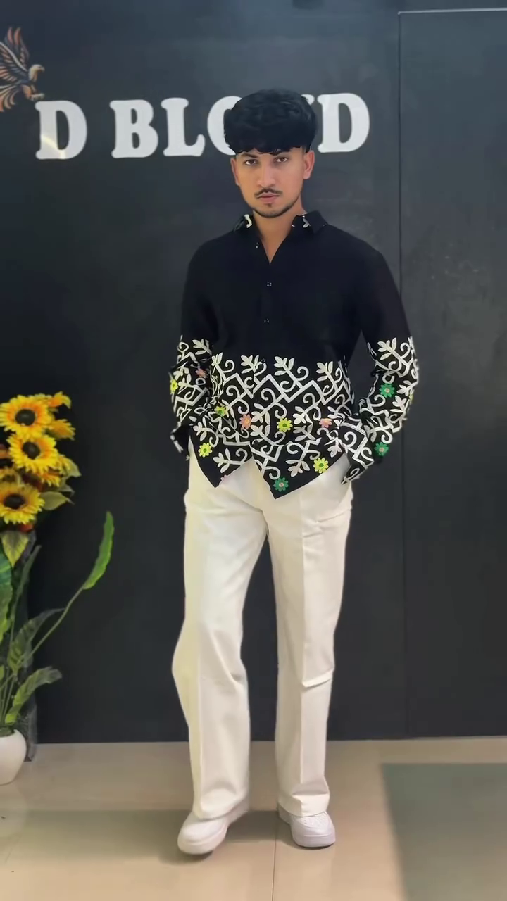 Midnight Black Embroidered Statement Shirt with Artistic Floral Detailing