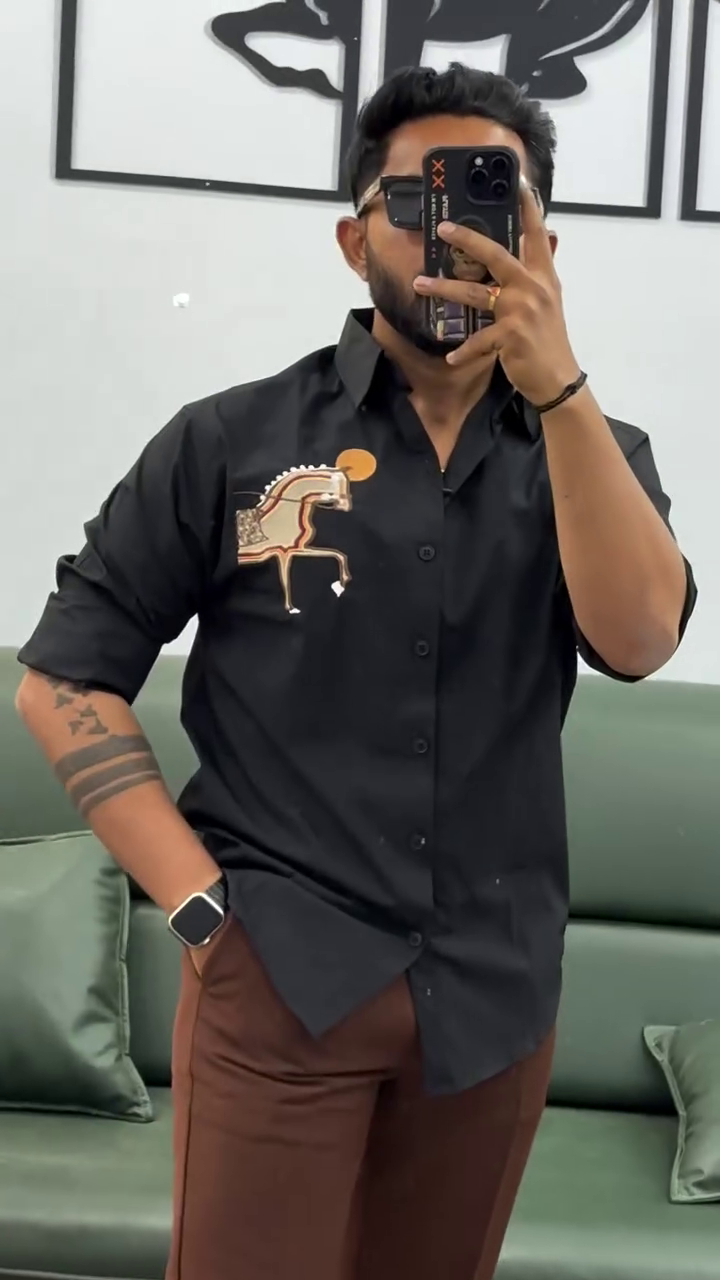 Midnight Black Statement Shirt with Artistic Horse Embroidery