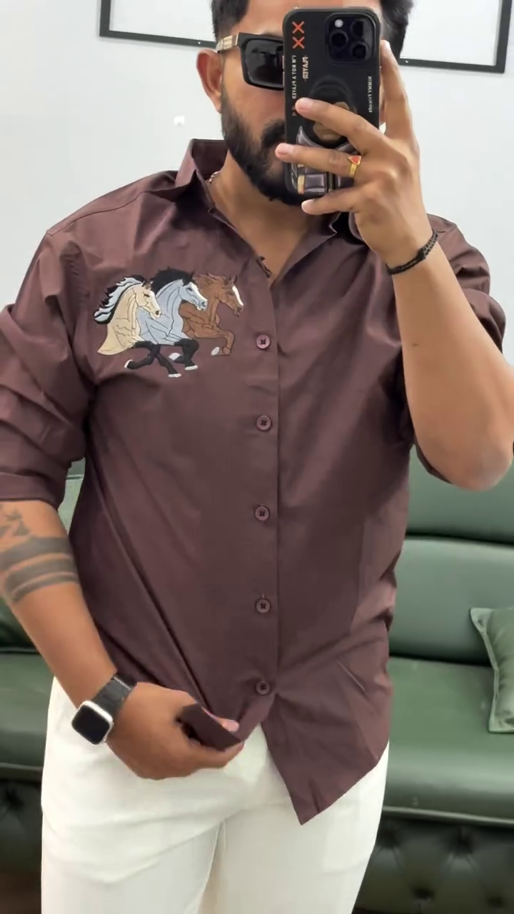 Midnight Black Statement Shirt with Artistic Horse Embroidery