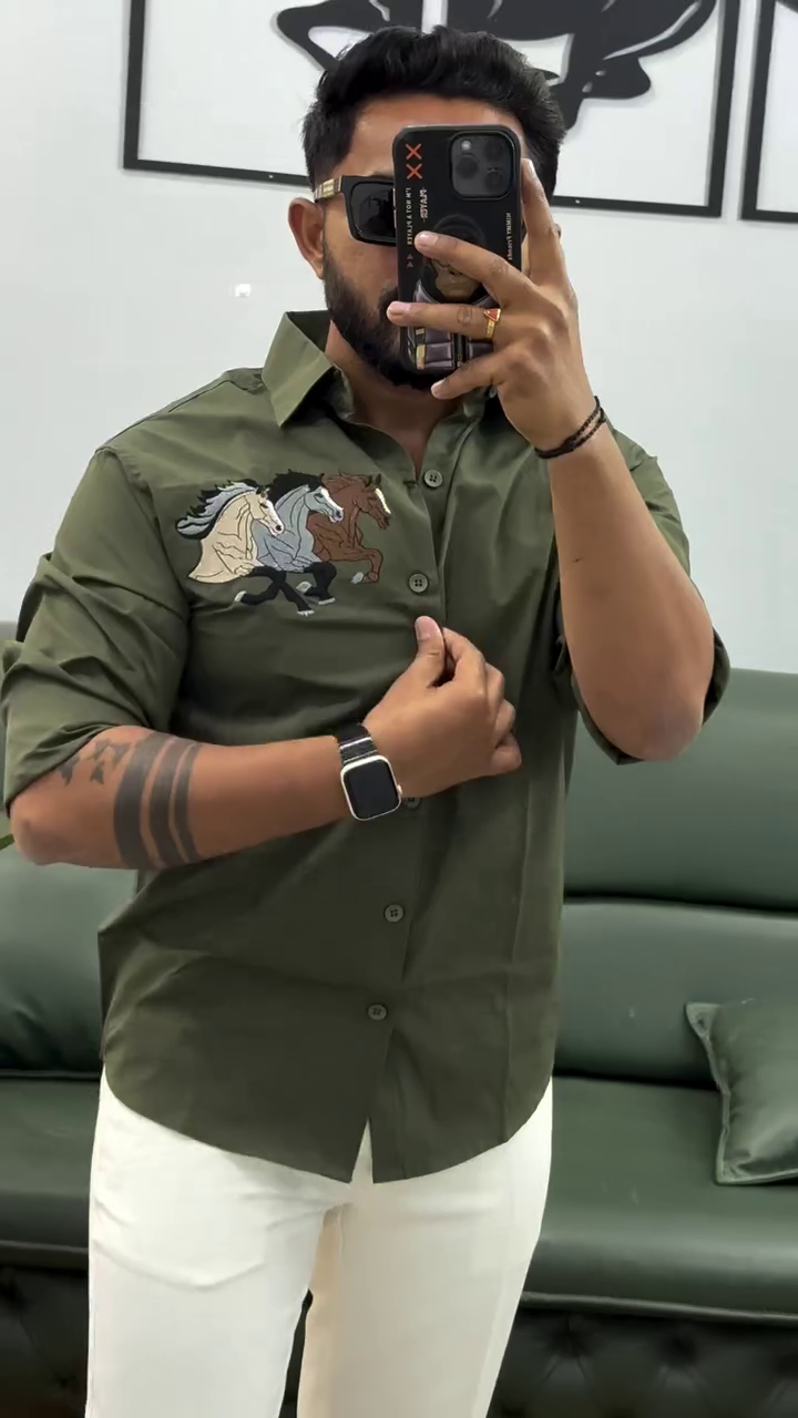 Midnight Black Statement Shirt with Artistic Horse Embroidery