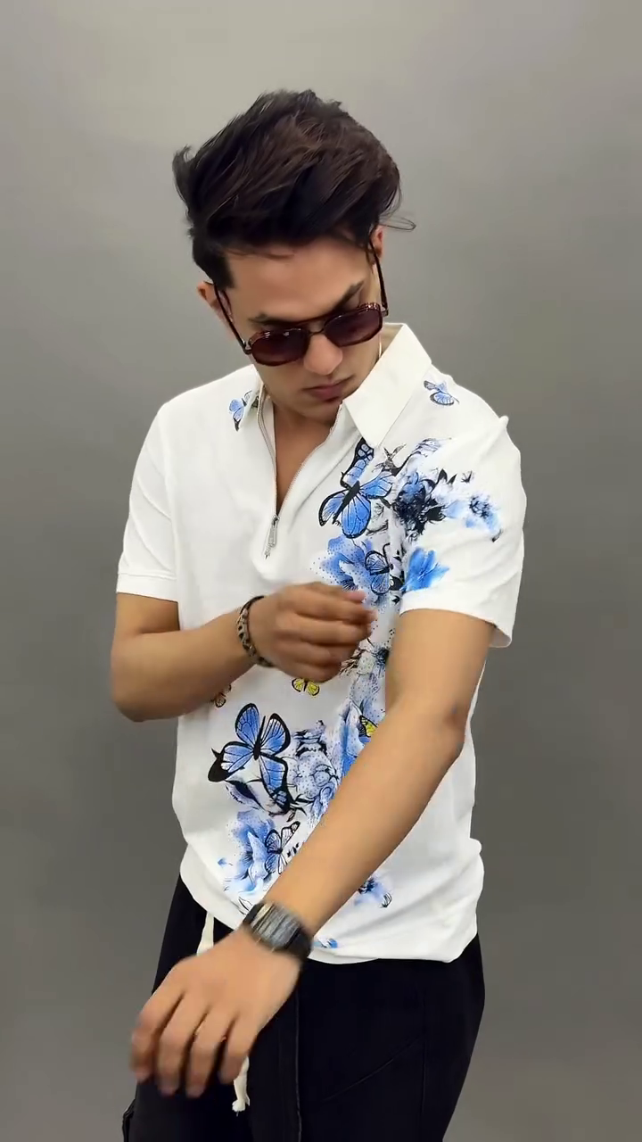 White Zip-Collar Polo with Blue Butterfly Print