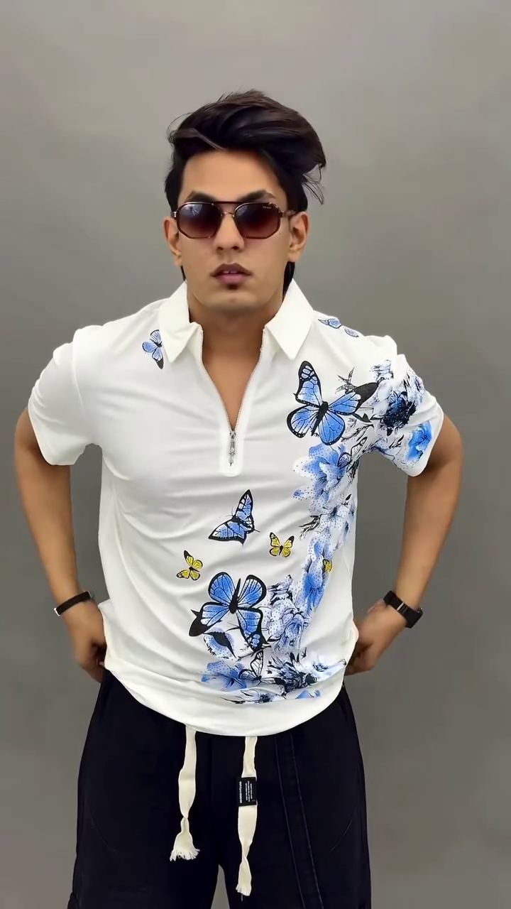 White Zip-Collar Polo with Blue Butterfly Print