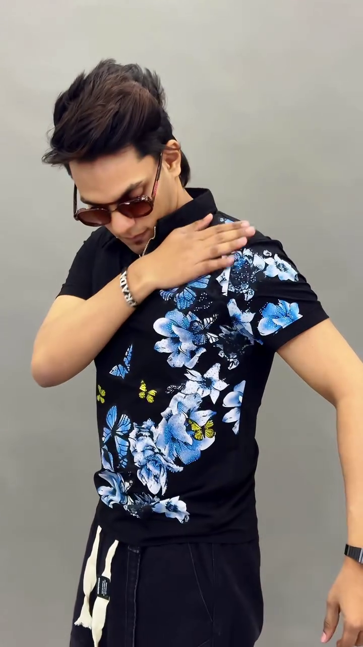 White Zip-Collar Polo with Blue Butterfly Print