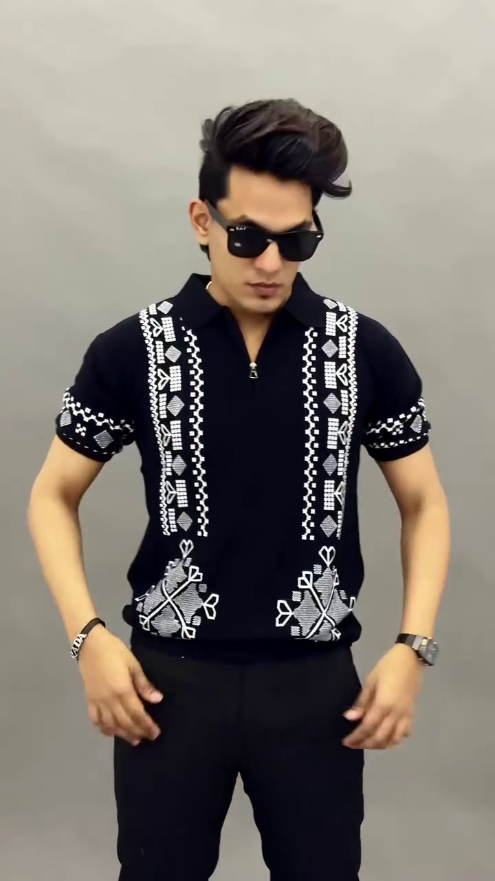 Midnight Black Knit Polo with Statement White Embroidery