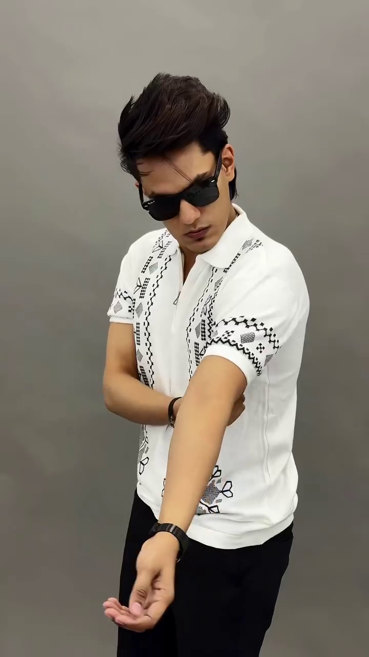 Midnight Black Knit Polo with Statement White Embroidery