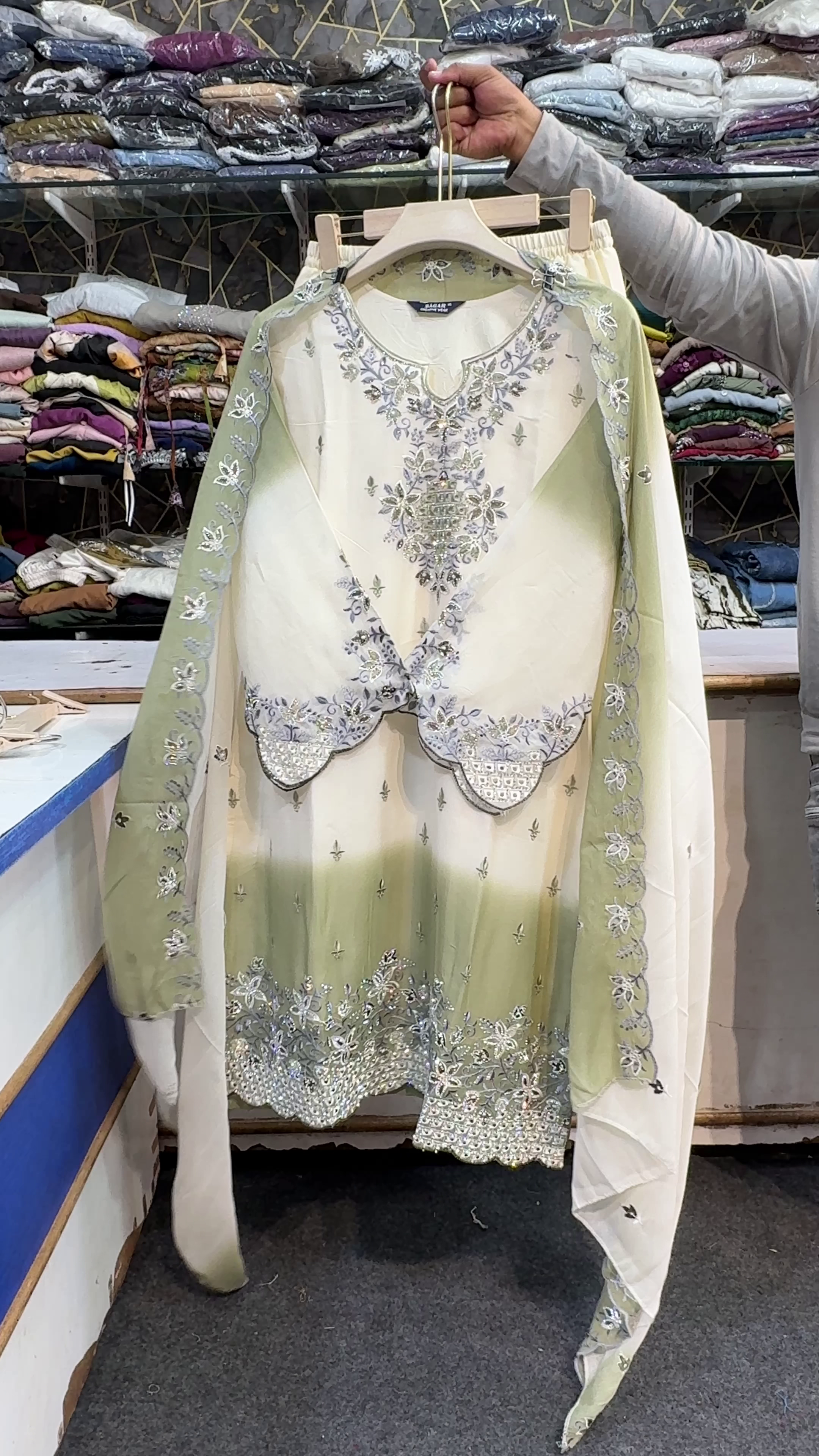 Elegant Mint & Ivory Embroidered 3-Piece Festive Suit with Sheer Dupatta