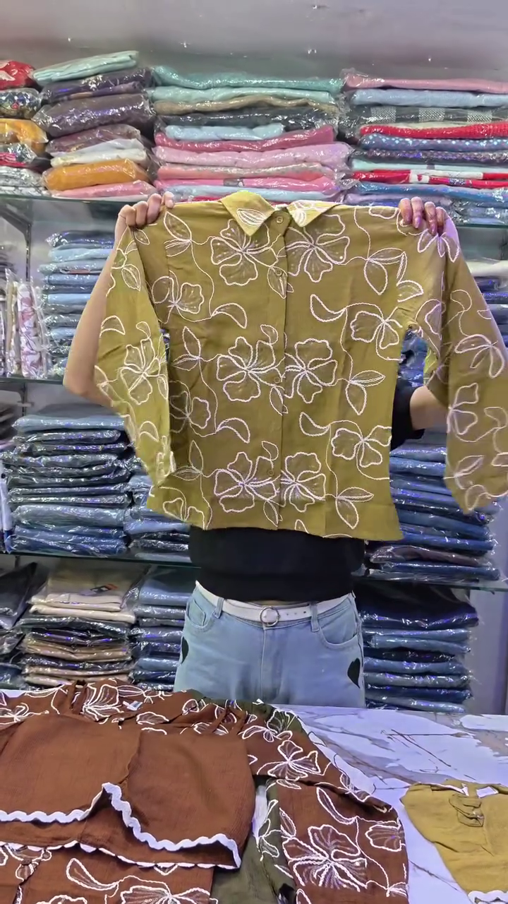 Olive Floral Buttoned Top