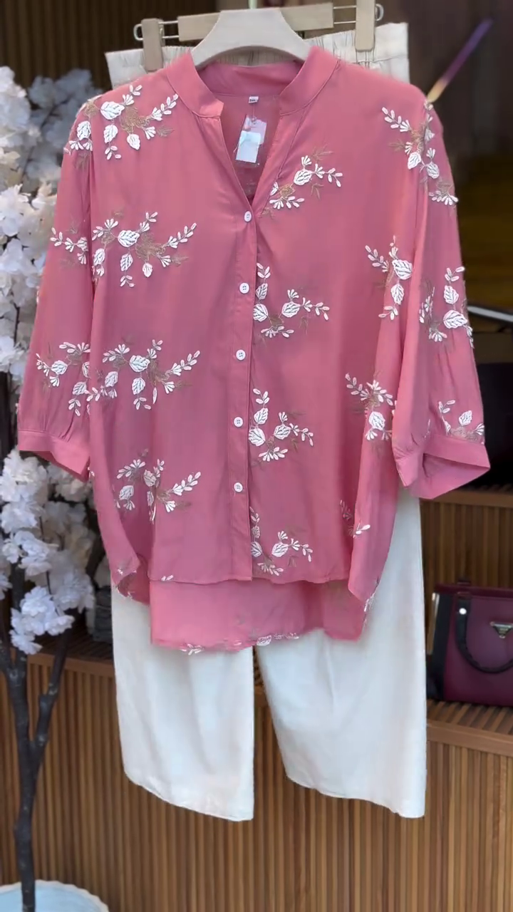 Soft Pink Floral Button-Down Top with White Trousers