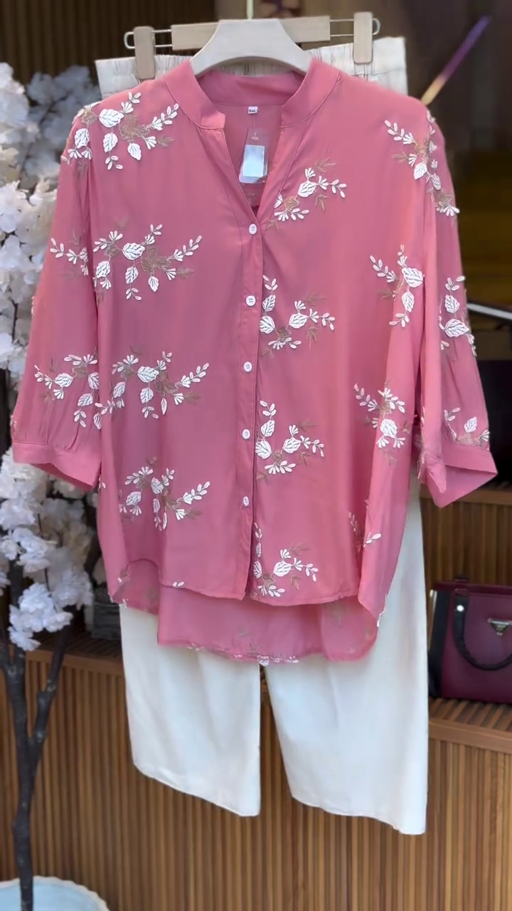 Soft Pink Floral Button-Down Top with White Trousers