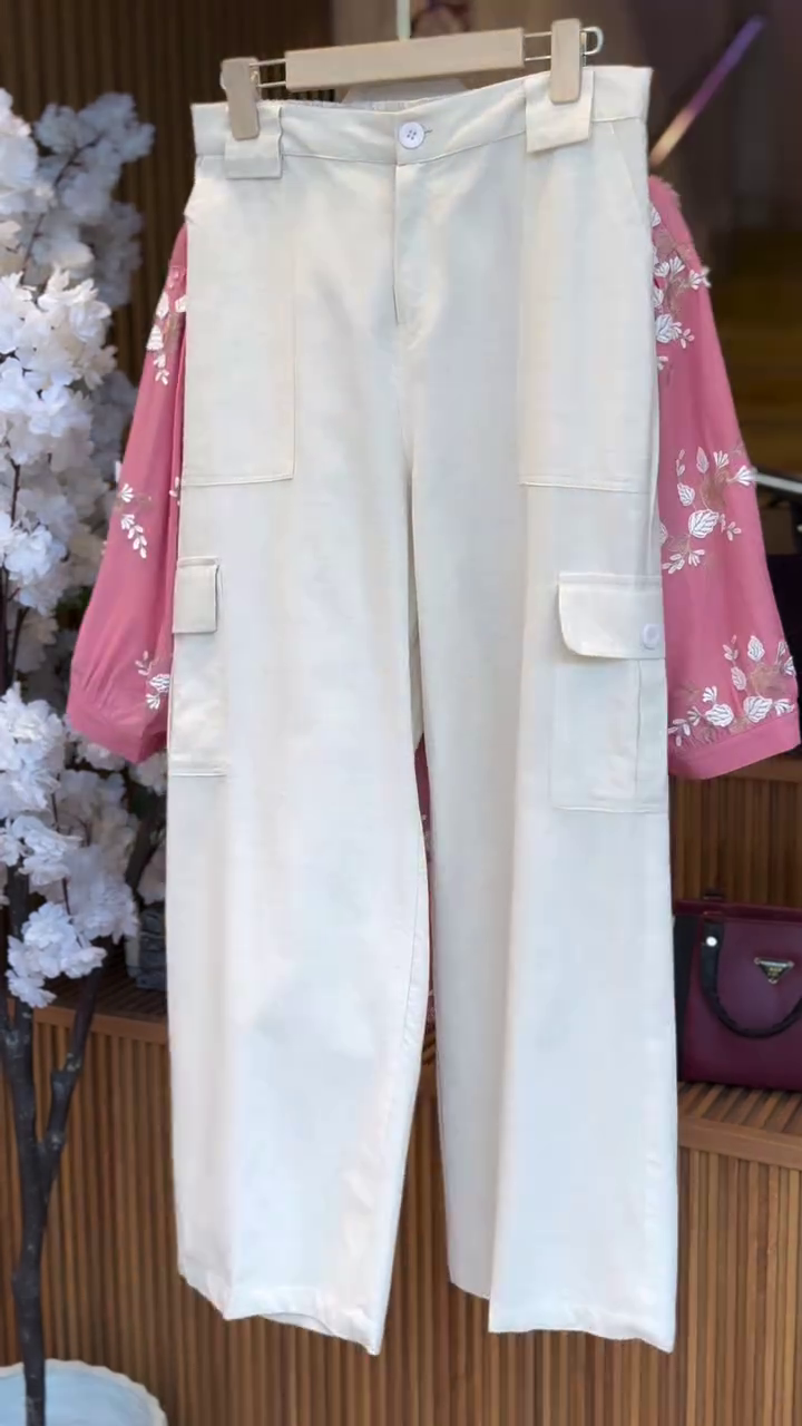 Soft Pink Floral Button-Down Top with White Trousers