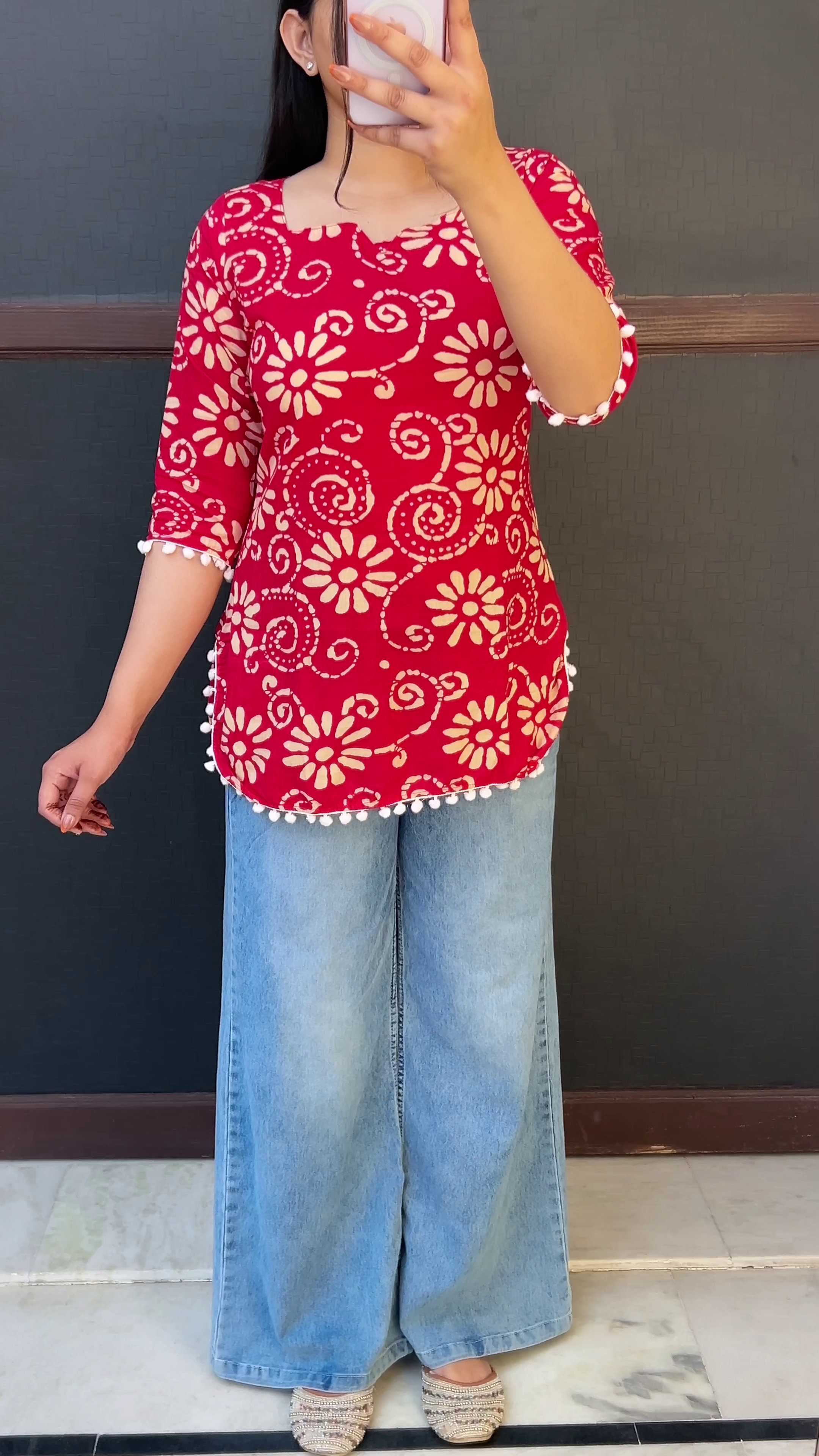 Red Floral Pom-Pom Trim Top