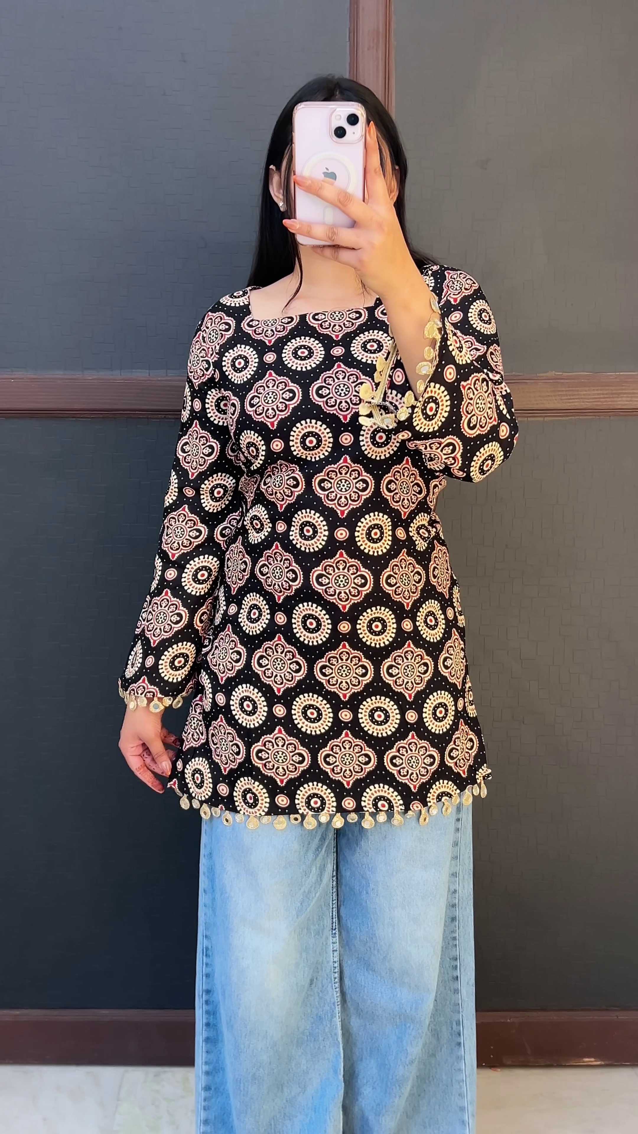 Red Floral Pom-Pom Trim Top