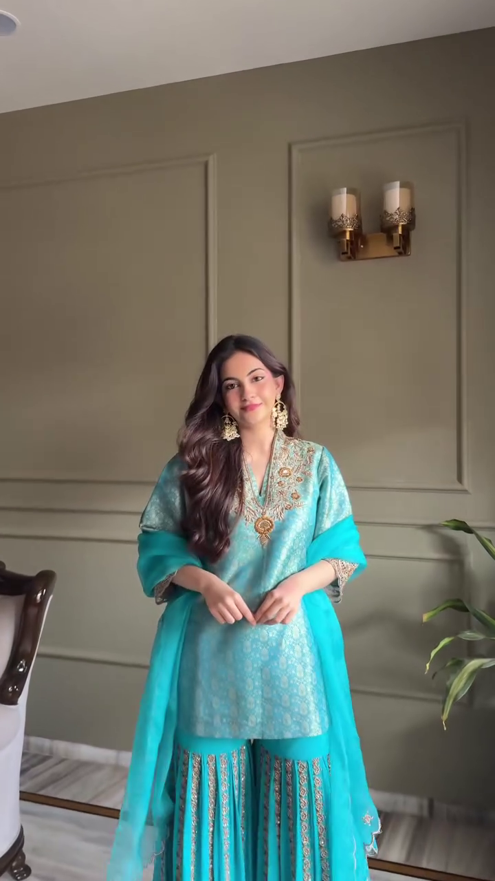 Teal Embroidered Sharara Set