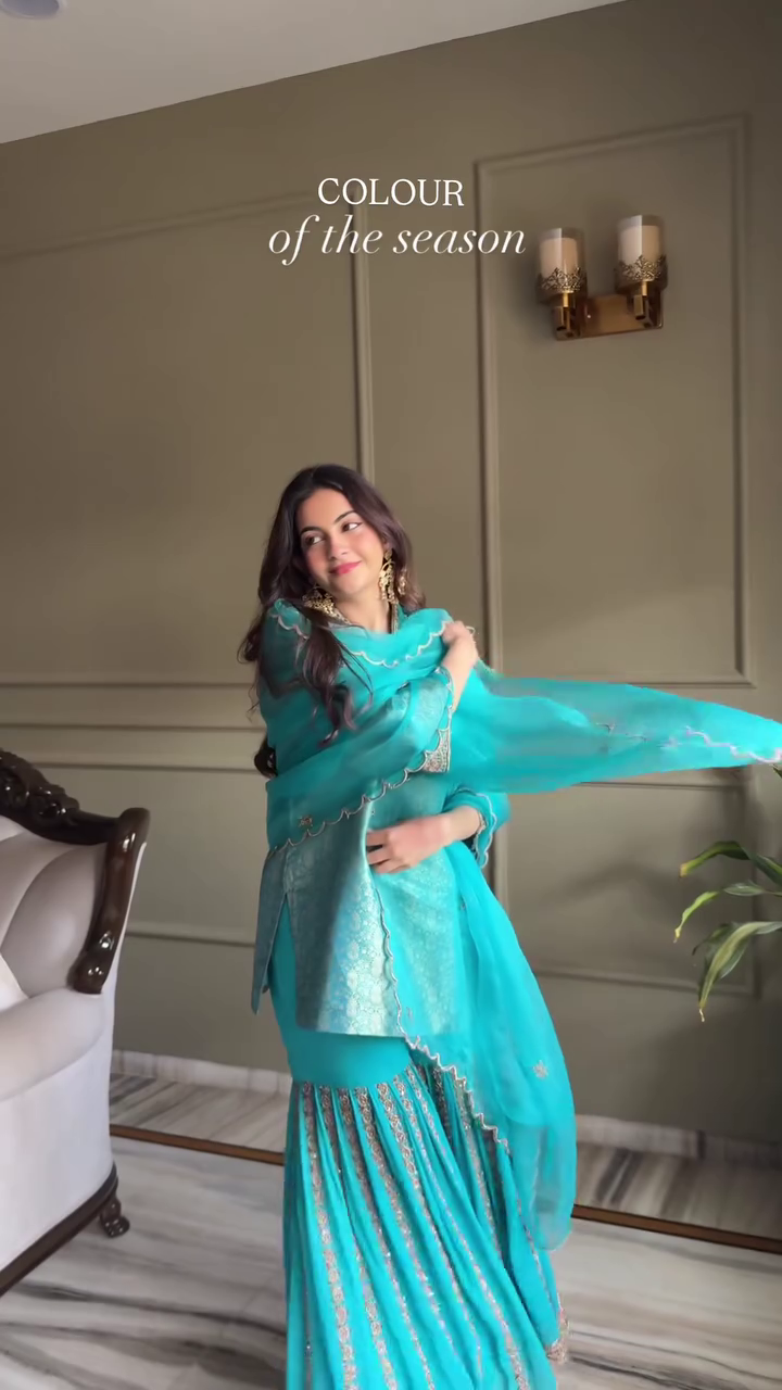 Teal Embroidered Sharara Set