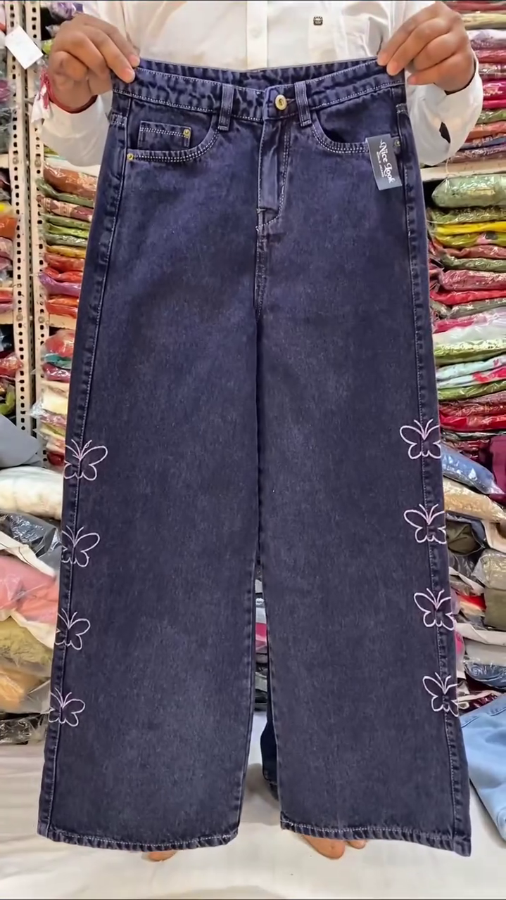 Classic Dark Blue Wide-Leg Denim Jeans with Elegant Side Bow Embroidery