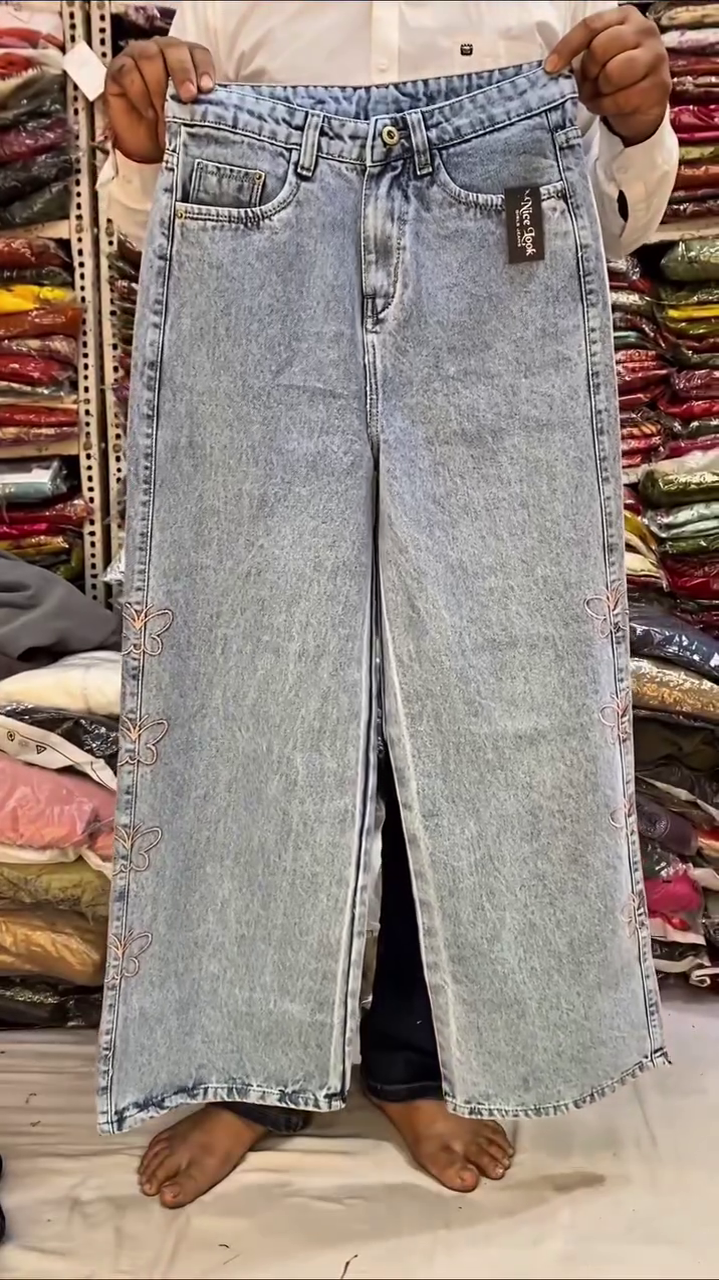 Classic Dark Blue Wide-Leg Denim Jeans with Elegant Side Bow Embroidery