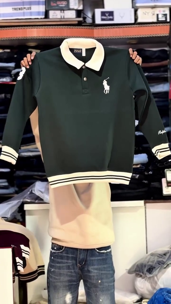 Premium Black and Beige Polo Sweatshirt with Classic Contrast Design