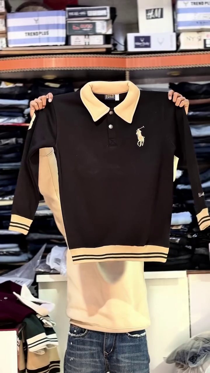 Premium Black and Beige Polo Sweatshirt with Classic Contrast Design
