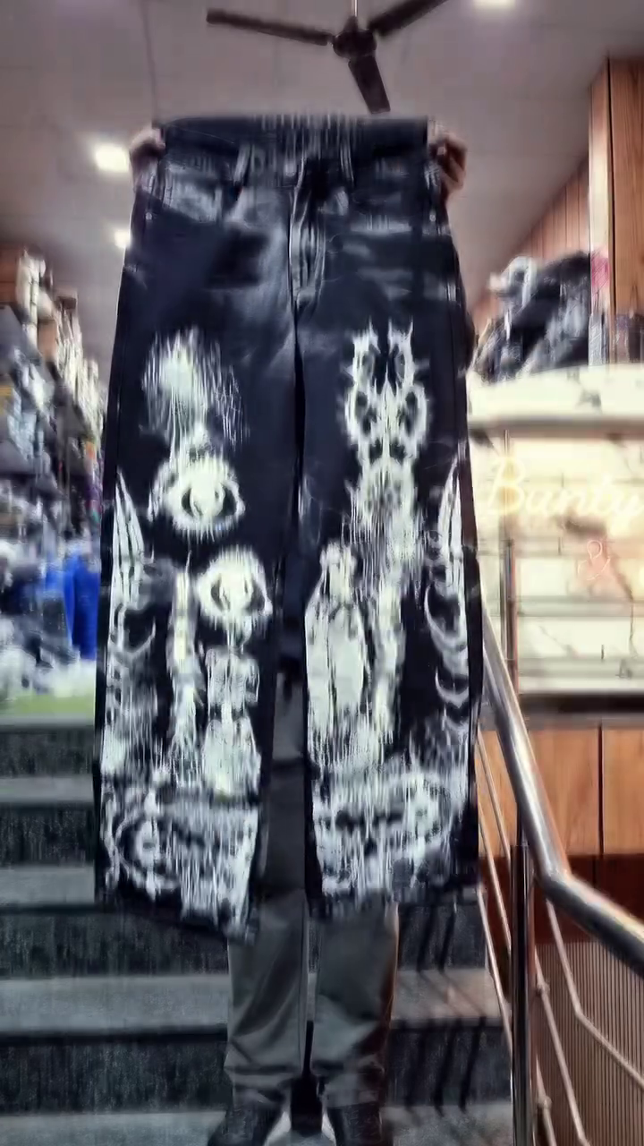 Premium Black Artistic Printed Wide-Leg Jeans with Unique Statement Design