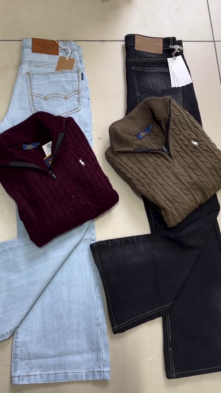 Classic Dark Blue Denim Jeans with Premium Knit Sweater Combo