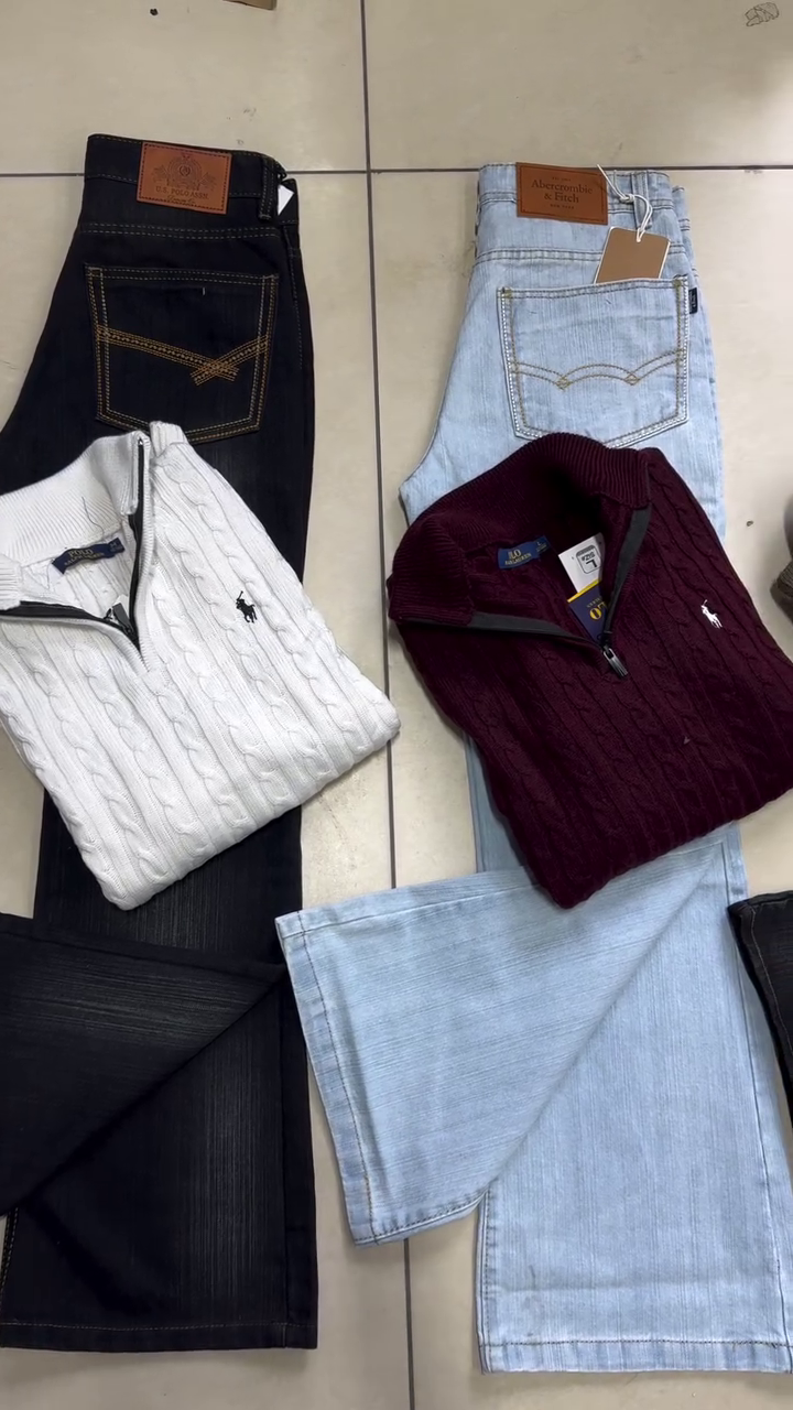 Classic Dark Blue Denim Jeans with Premium Knit Sweater Combo