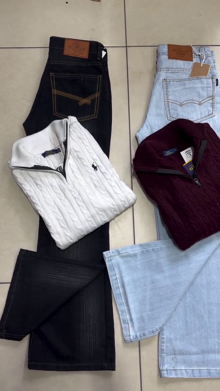 Classic Dark Blue Denim Jeans with Premium Knit Sweater Combo