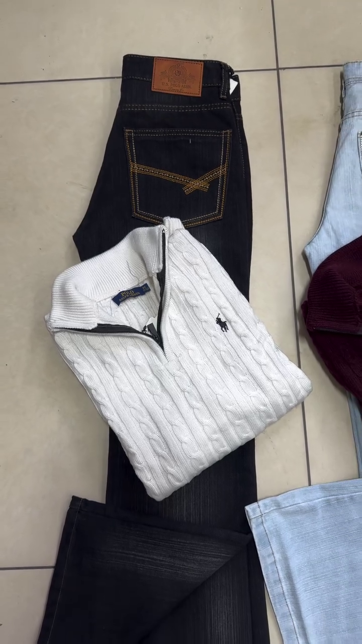 Classic Dark Blue Denim Jeans with Premium Knit Sweater Combo