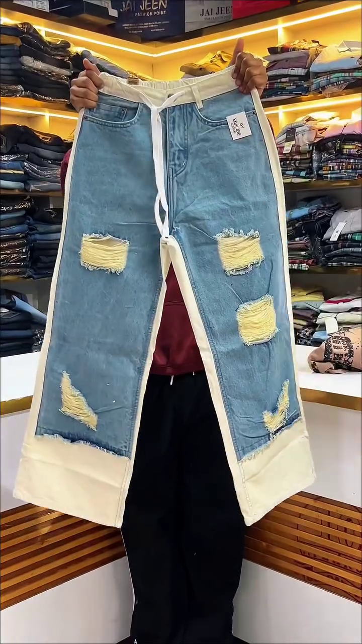 Light Blue Distressed Wide-Leg Denim Jeans with Contrast Cream Panels