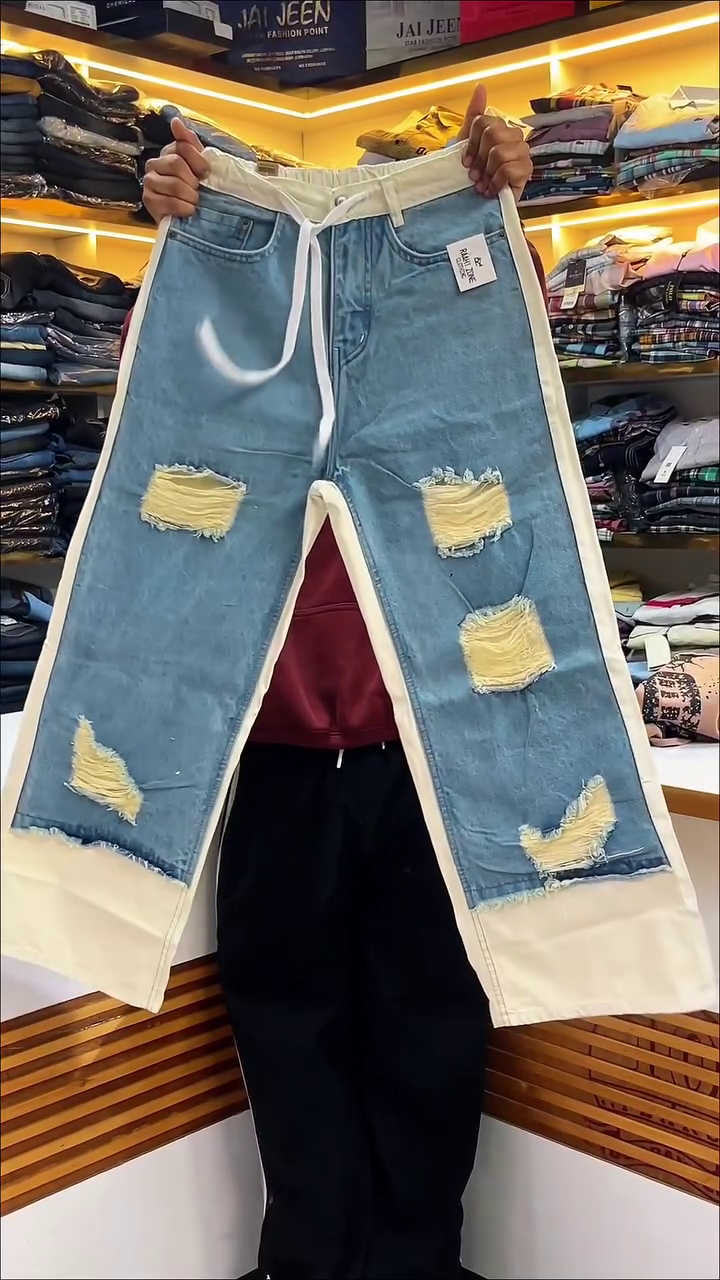 Light Blue Distressed Wide-Leg Denim Jeans with Contrast Cream Panels