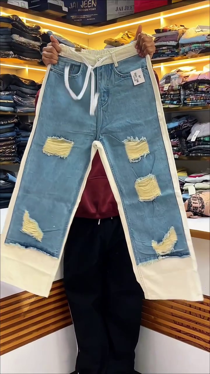 Light Blue Distressed Wide-Leg Denim Jeans with Contrast Cream Panels