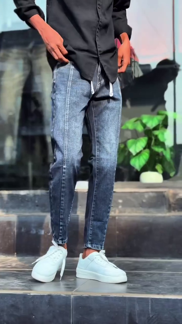 Dark Wash Slim Fit Drawstring Denim Jeans with Modern Streetwear Design