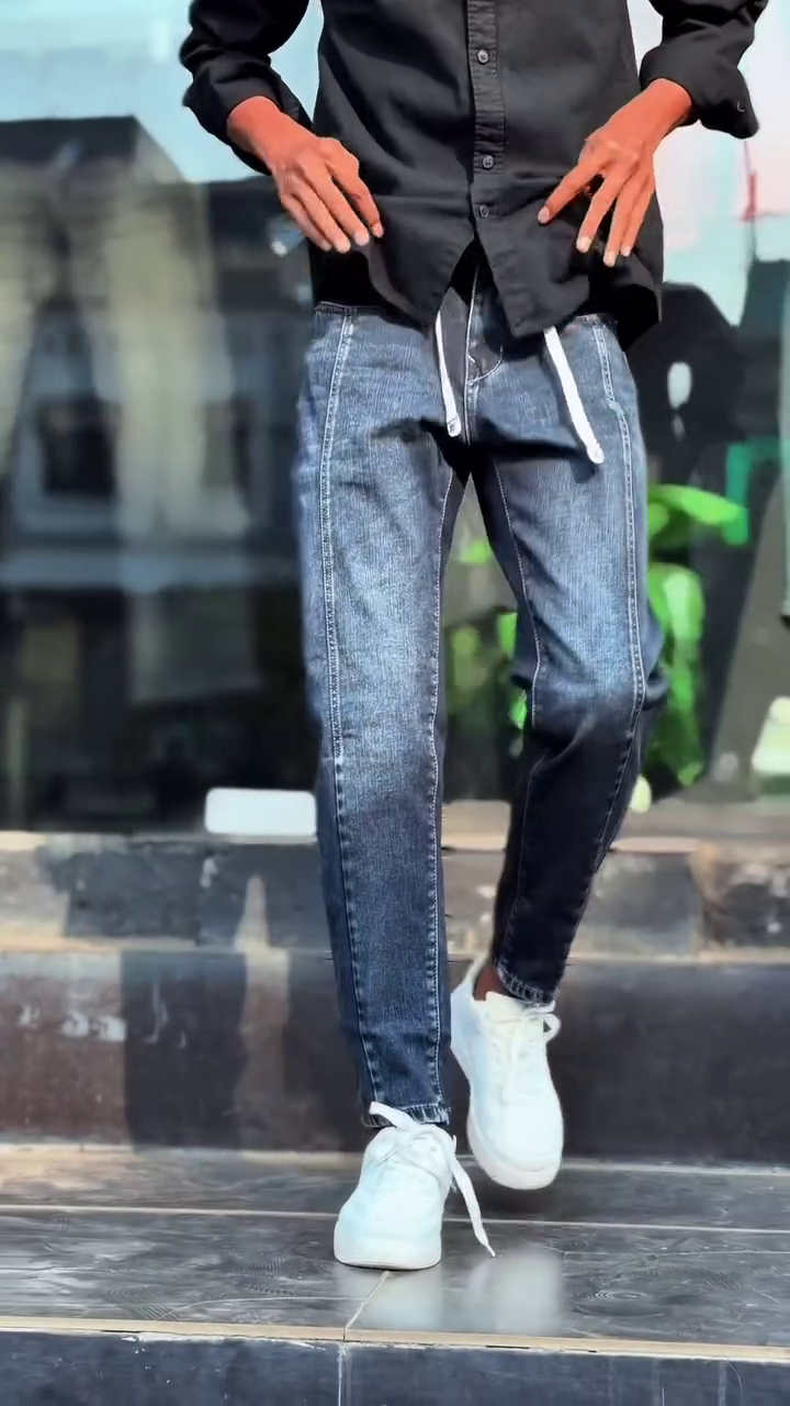 Dark Wash Slim Fit Drawstring Denim Jeans with Modern Streetwear Design