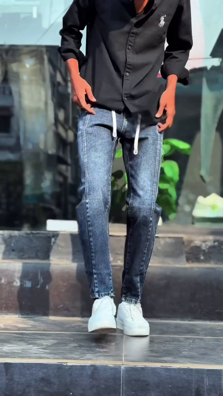 Dark Wash Slim Fit Drawstring Denim Jeans with Modern Streetwear Design