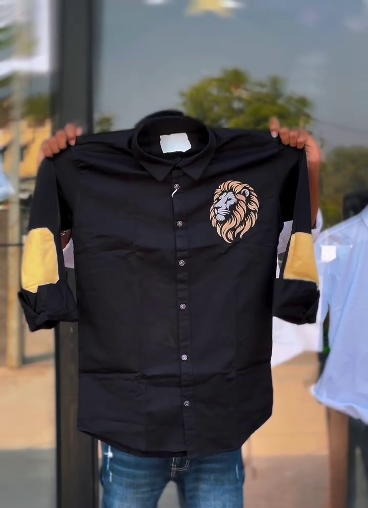 Premium White Button-Down Shirt with Lion Embroidery and Elbow Patch Design