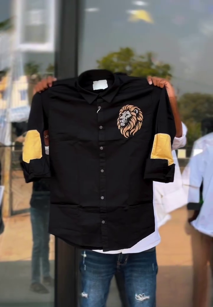 Premium White Button-Down Shirt with Lion Embroidery and Elbow Patch Design