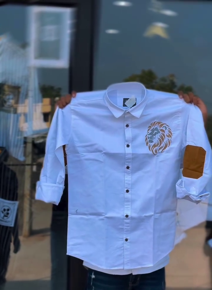 Premium White Button-Down Shirt with Lion Embroidery and Elbow Patch Design