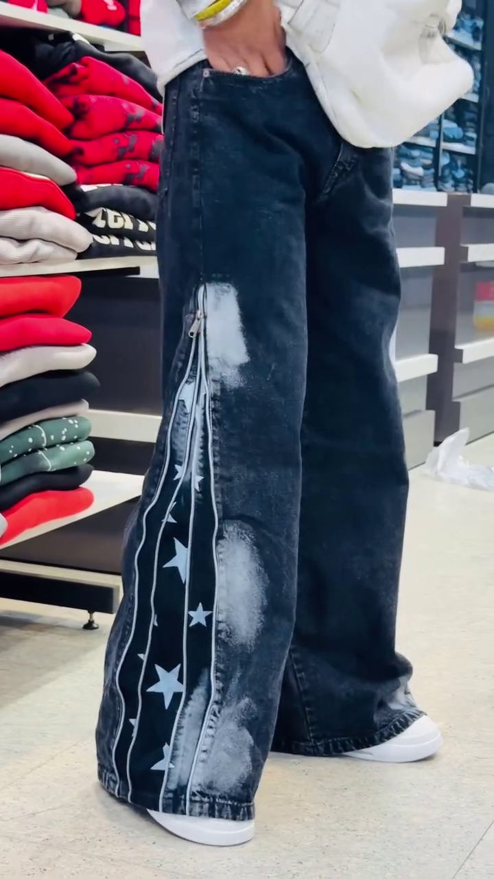 Dark Blue Wide-Leg Denim Jeans with Star Panel and Side Zip Streetwear Design