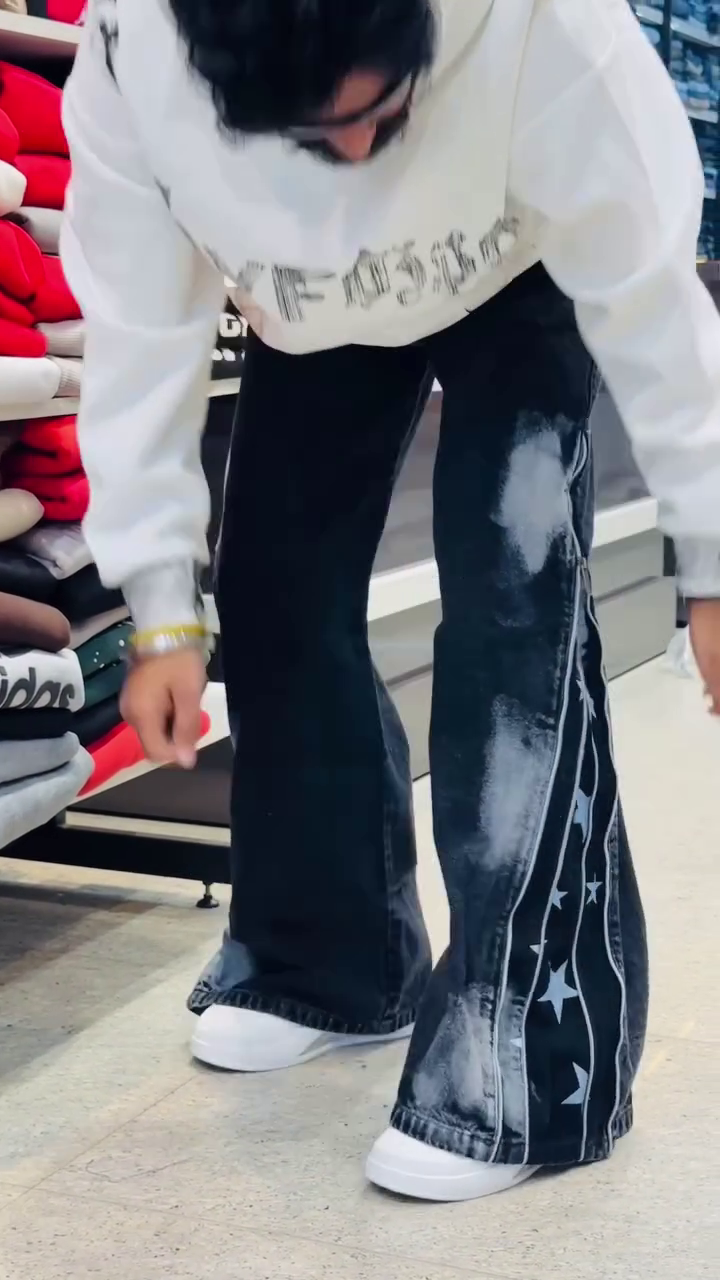 Dark Blue Wide-Leg Denim Jeans with Star Panel and Side Zip Streetwear Design