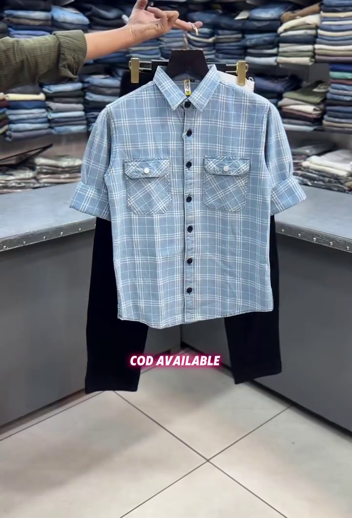 Blue Checked Shirt with White Pants