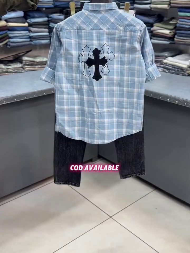 Blue Checked Shirt with White Pants