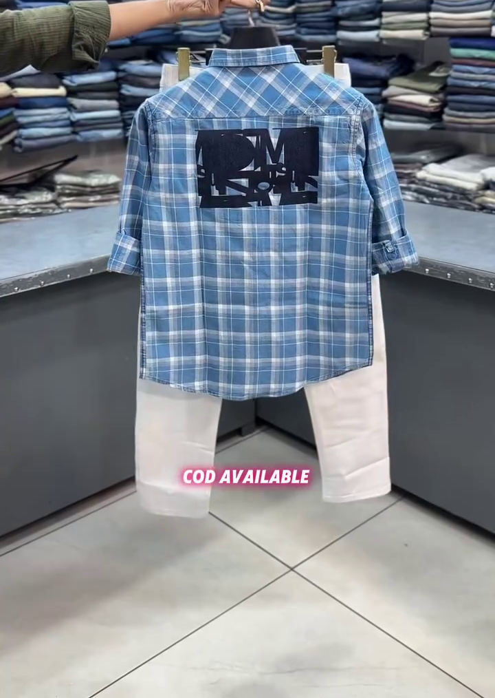 Blue Checked Shirt with White Pants