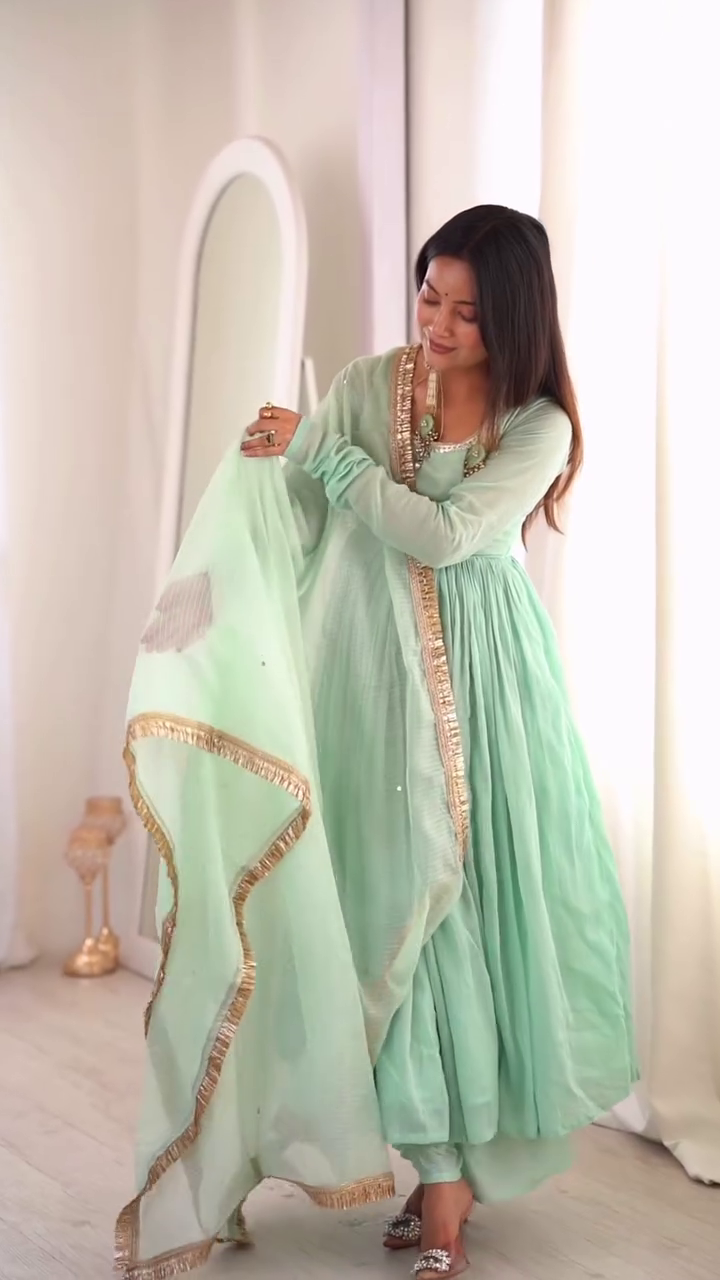 Graceful Elegance in Mint Green Anarkali Ensemble