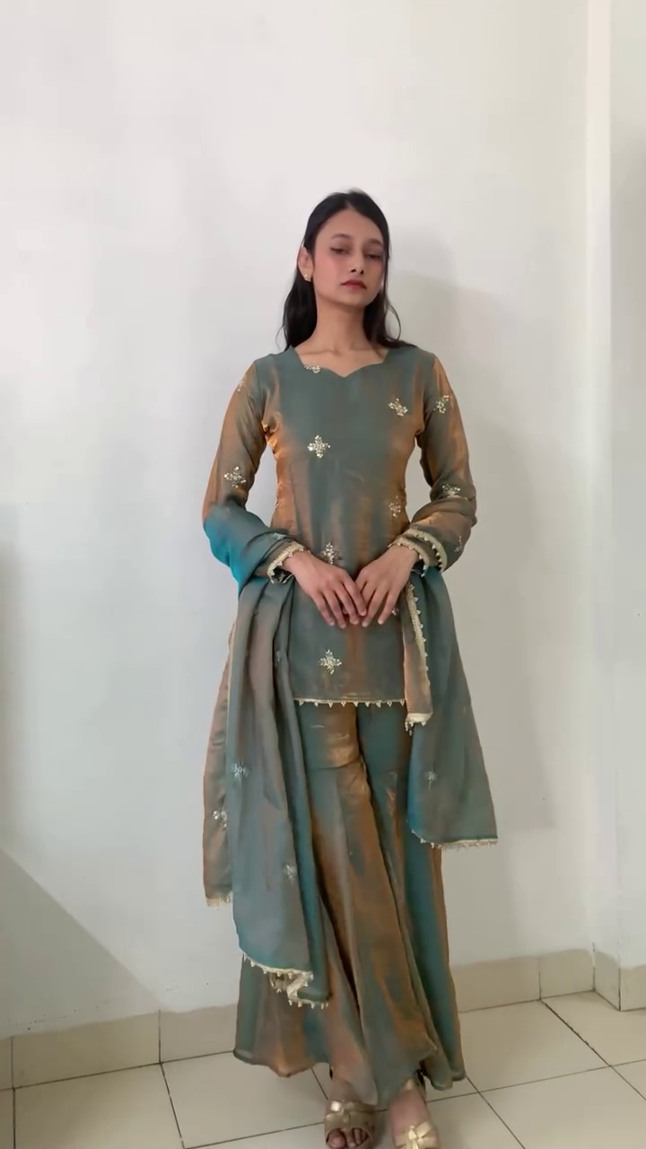 Sophisticated Charm in Teal and Gold Sharara Suit
