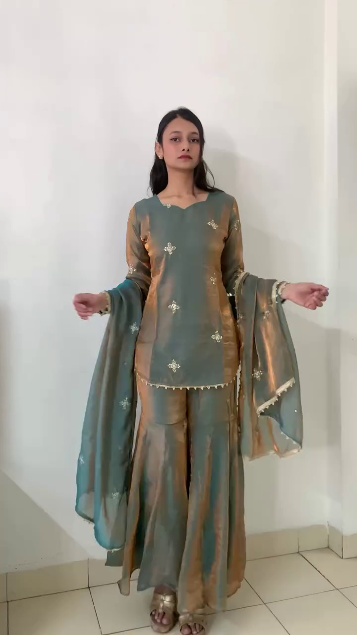 Sophisticated Charm in Teal and Gold Sharara Suit