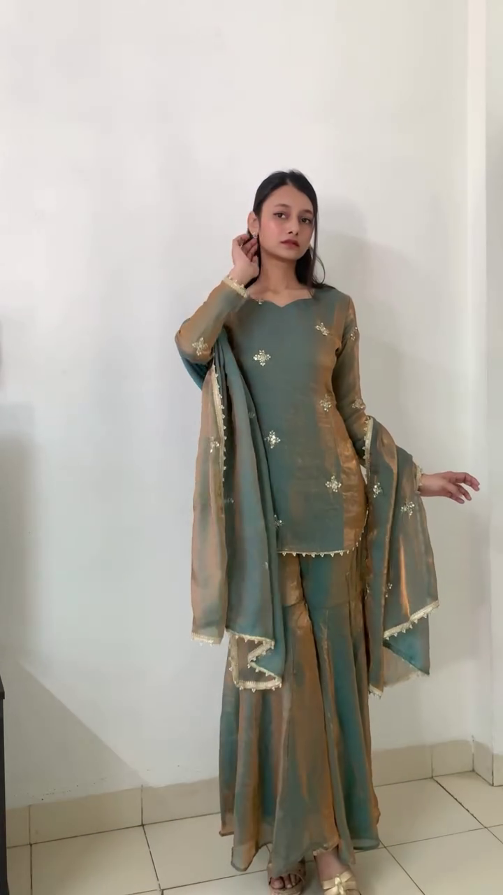 Sophisticated Charm in Teal and Gold Sharara Suit