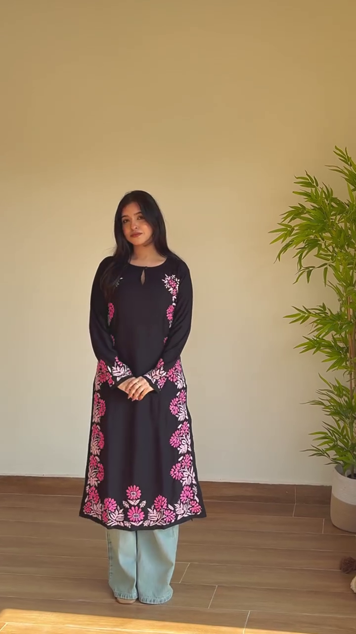 Sophisticated Charm in Black with Floral Embroidery